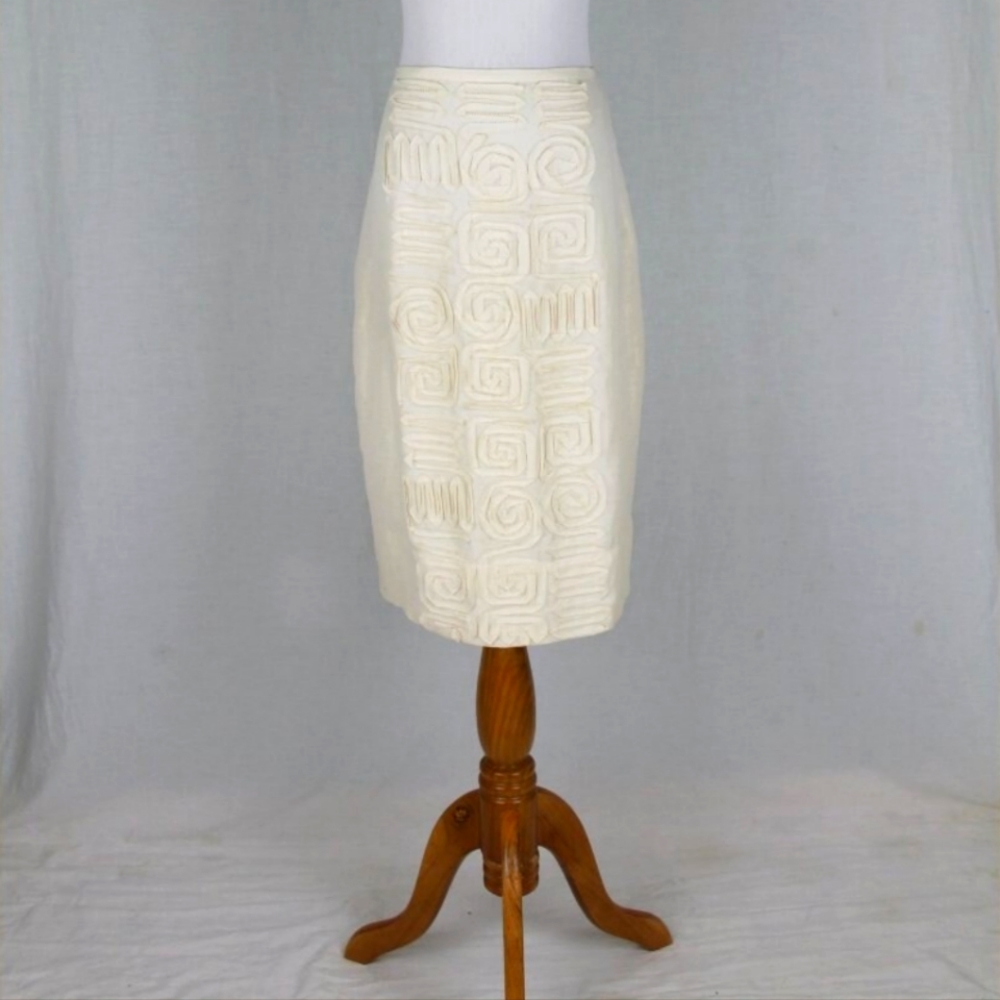 MaxAzria Collection Y2k Ivory Linen and Silk Soutache Button Back Skirt 2